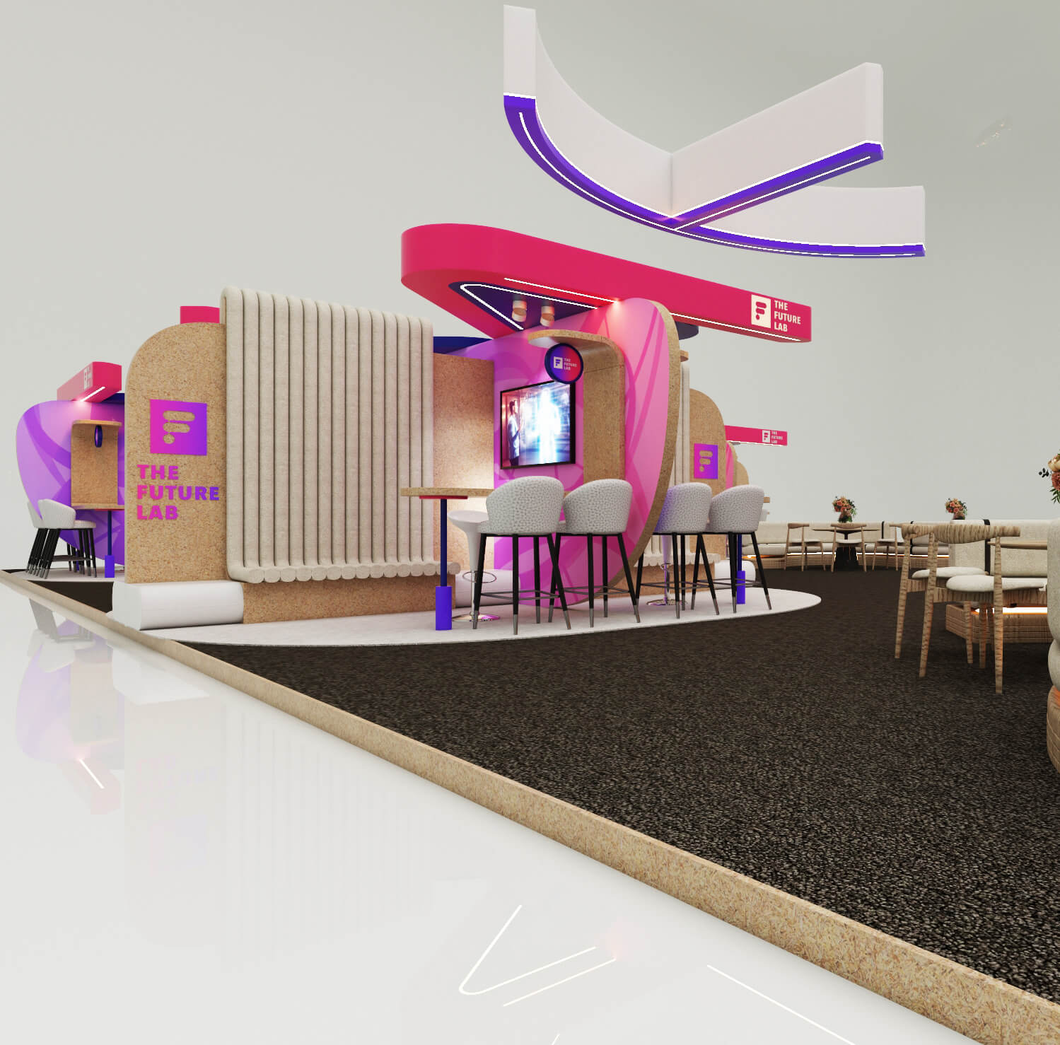 Minimal booth with strong brand graphics